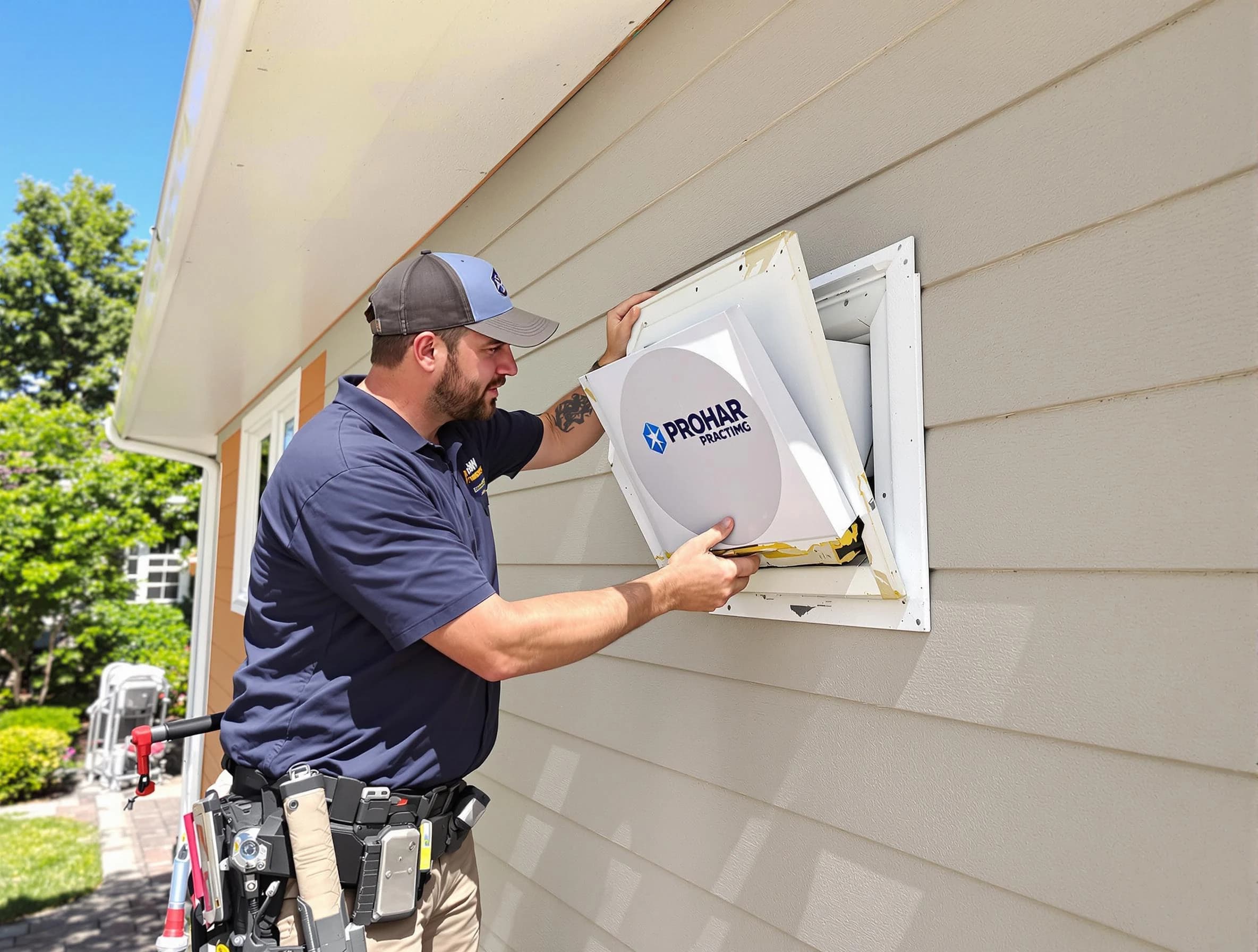Youngtown Dryer Vent Cleaning technician installing a new protective dryer vent cover on a home in Youngtown
