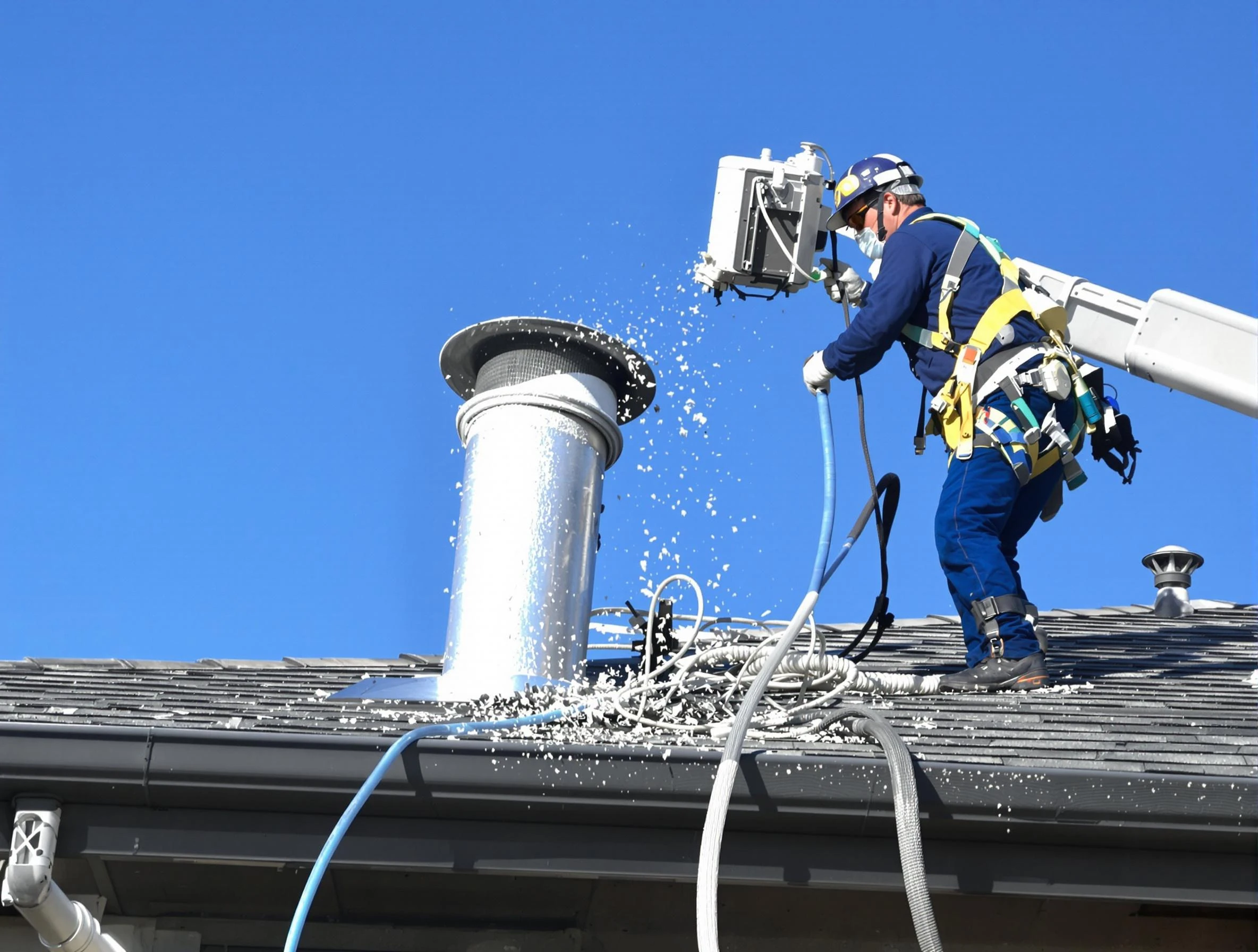 Youngtown Dryer Vent Cleaning certified technician safely cleaning a roof-mounted dryer vent in Youngtown